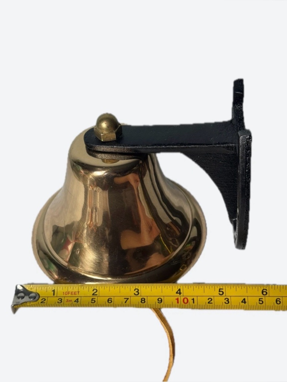 SOLD Brass Wall-Mounted Bell with Black Iron Horse shoe Shaped Bracket